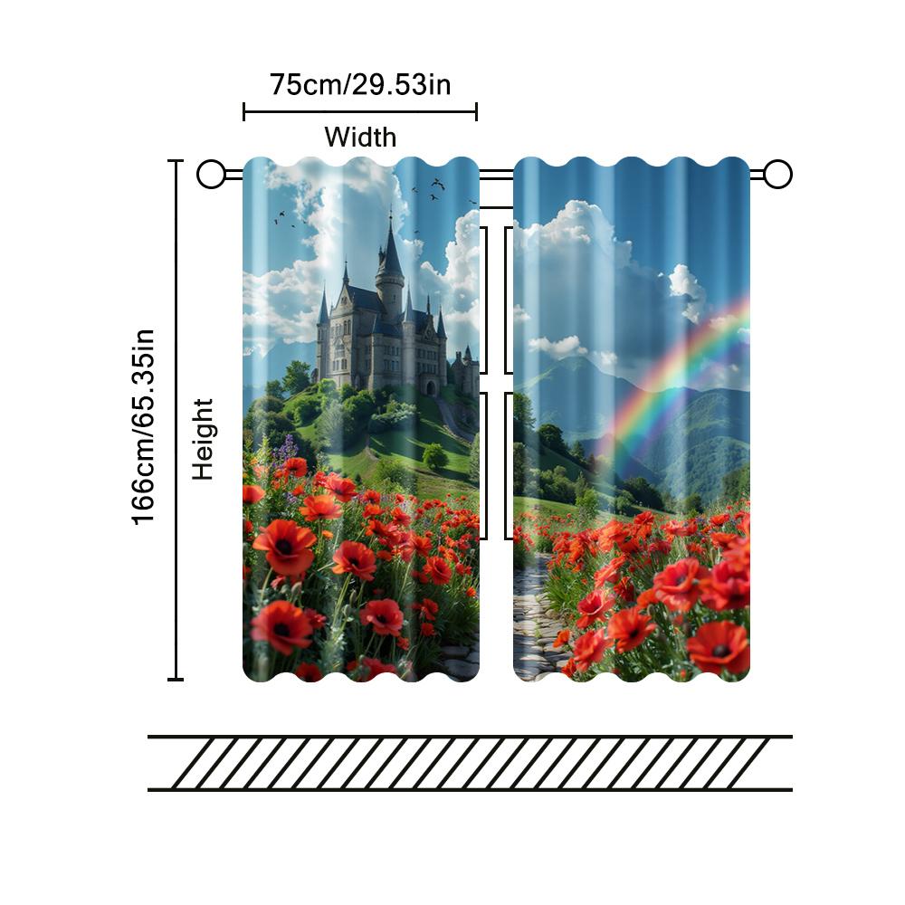 2 Pcs, Filtering Curtains (excluding Rods, Non-movable, Without Batteries) Castle & Floral Rainbow for Use In Bedrooms and