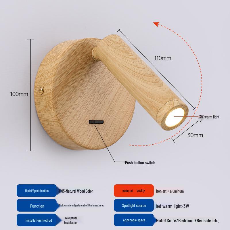 Walnut Wall Lamp with Switch - Bedroom & Hotel Bedside Reading Light