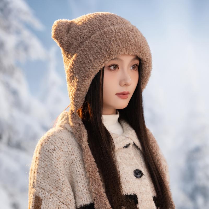 New Cute Little Bear Plush Ear Protection Hat Korean Version of Versatile Plush Thickened Warm Hat Showing Face and Small Cold Proof Hat