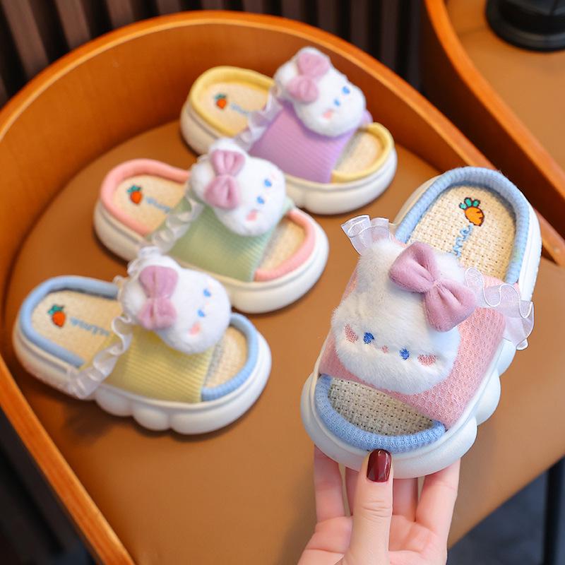 Kids' Princess Linen Slippers: Non-Slip, Thick-Sole, for Spring & Autumn.
