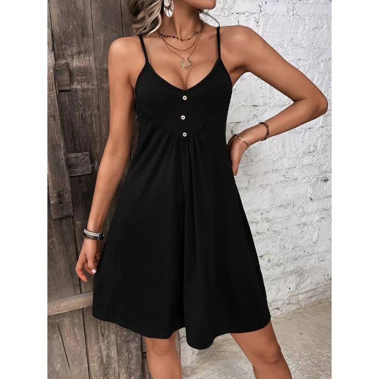 High-waisted Sleeveless Buttoned Patchwork Dress Solid Color Suspender Sexy V-neck Short Skirt for Women