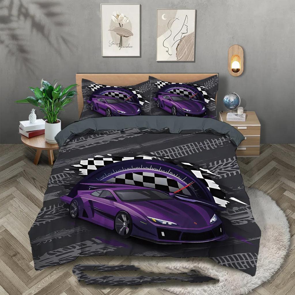 3D HD Racing Car Bedding Set Luxury Sports Car Pattern Duvet Cover Room Decorations for Young Children and Adults Single Double
