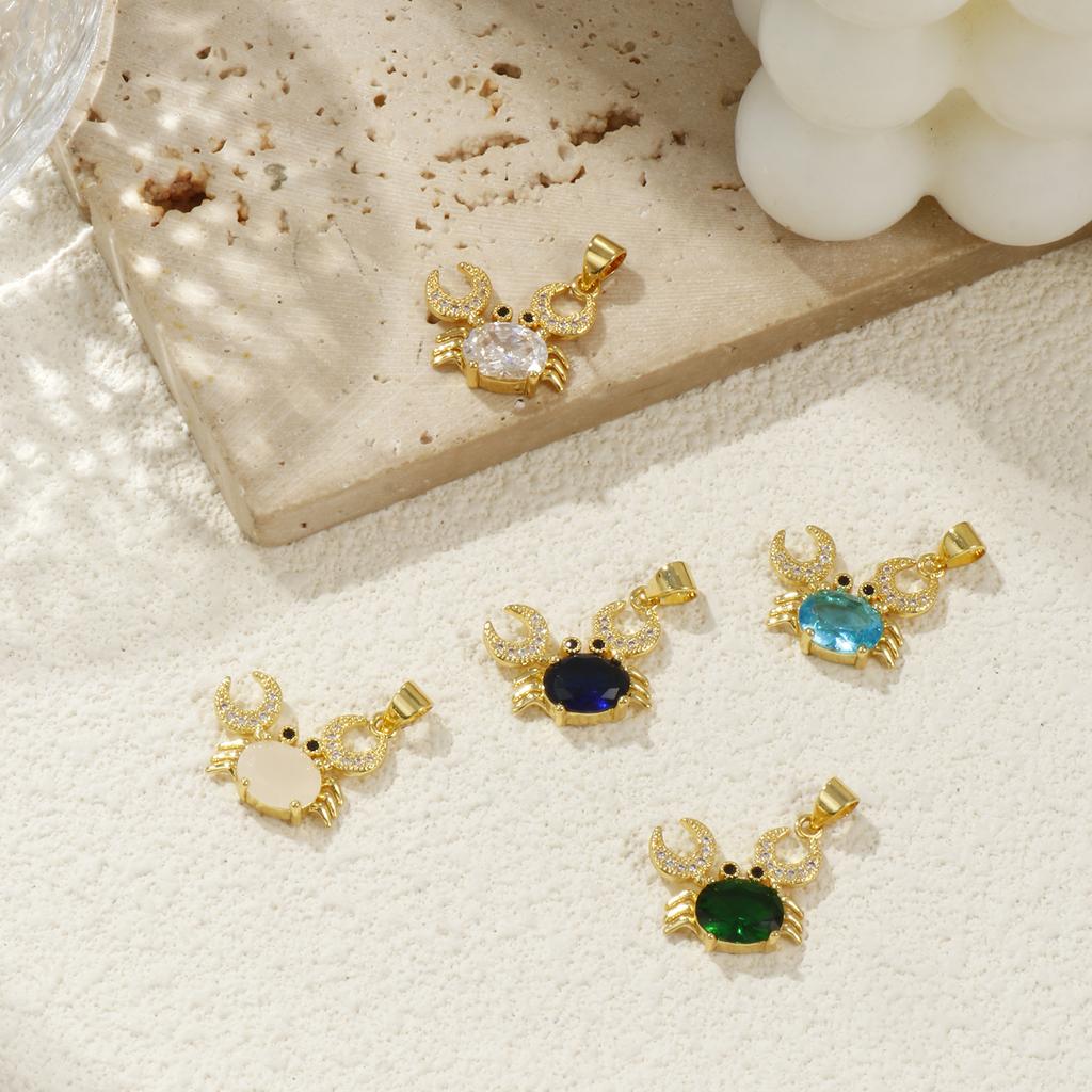 1 Piece Brass & Glass Ocean Jewelry Charm Pendant 18K Gold Plated Crab Micro Pave Clear Cubic Zirconia Necklace DIY 20mm x 19mm