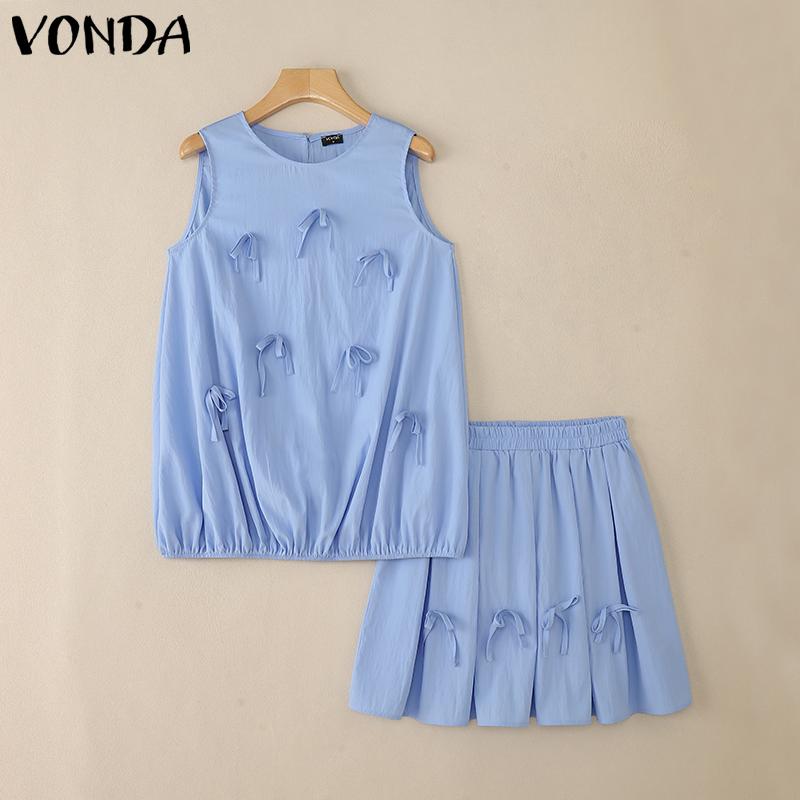 

VONDA Summer Sets Women Puff Sleeve Bow Ruffled Tank Tops and A-line Mini Skirts Outfits 5XL