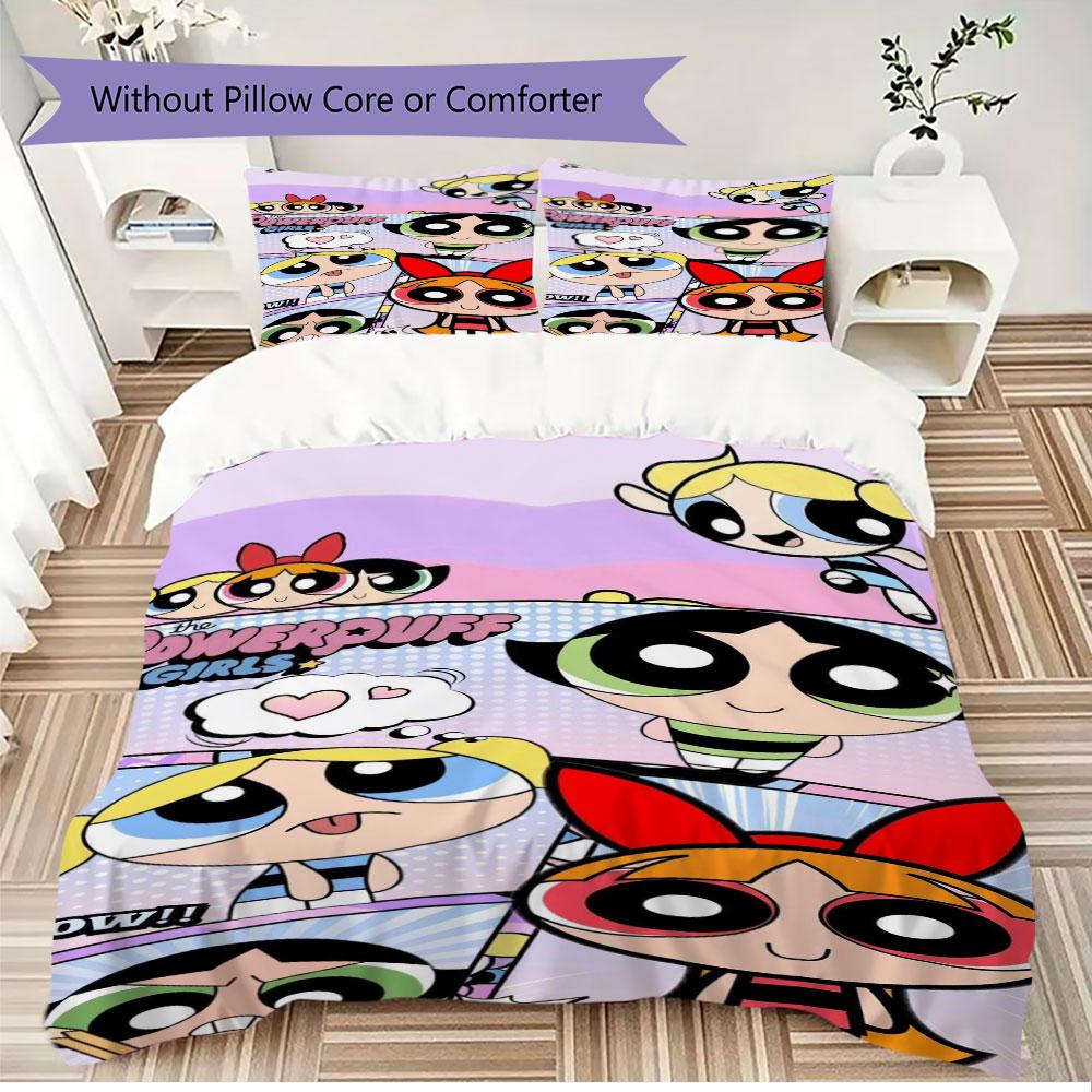 Cartoon Powerpuff Girls print children's duvet cover set, soft and skin-friendly, available in multiple sizes, bedroom bedding.