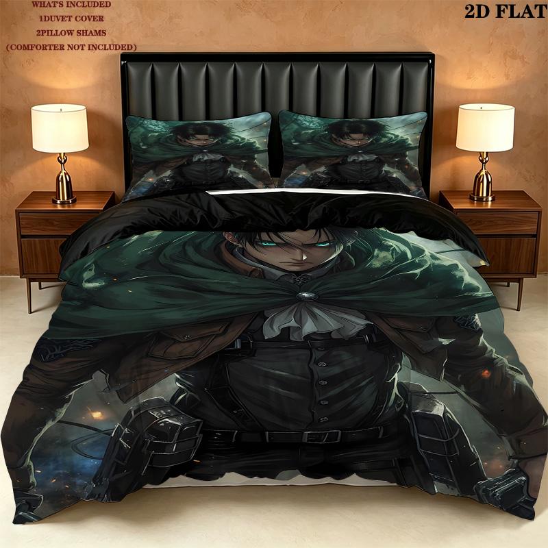 Attack Titan Pattern Bedding Quilt Set Quilt Cover Pillowcase Home Birthday Gift(1 * Duvet Cover + 2 * Pillowcase, Without Core)