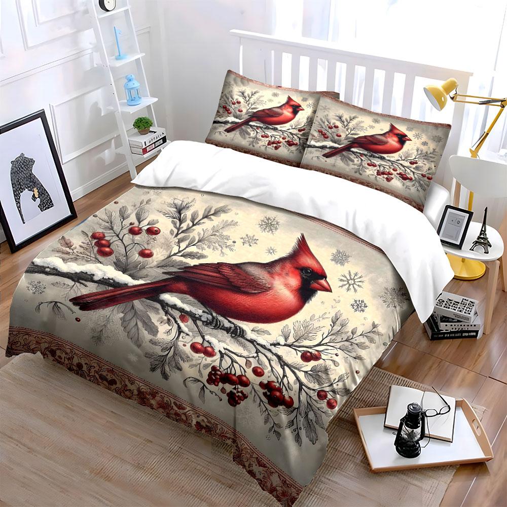 Red Cardinal on Winter Branch Bedding Duvet Cover Set Duvet Cover Pillowcases (1*Duvet Cover 2*Pillowcases, without duvet insert)
