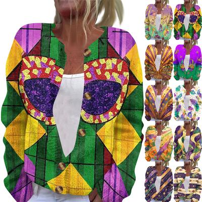 Women's Fashion Printed Long Sleeve Knitted Cardigan Button Down Jacket