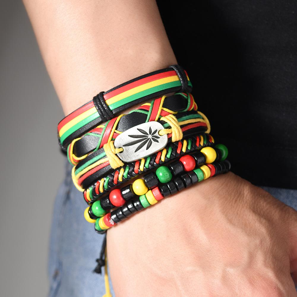 Cross-border e-commerce new fashion woven combination six-piece set maple leaf red, yellow and green hand rope European and American popular bracelet