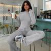 Women's Light Gray Long Sleeve Top and Wide Leg Pants Set Casual Loungewear Outfit