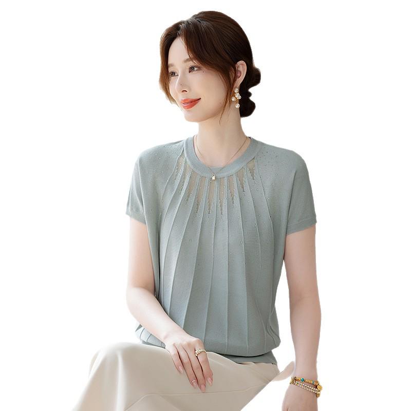 Summer Fashion Rhinestone Knit T-shirt for Women: See-through Ice Silk, Round Neck, Perfect for Young Mothers & Middle-aged Women