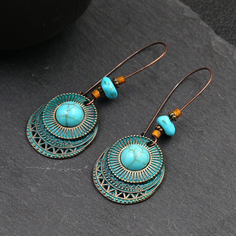 Ethnic Vintage Bohemia Big Ear Hook Drop Earrings For Women Geometric Leaf Wing Flower Hollow Round Boho Earings Antique Jewelry
