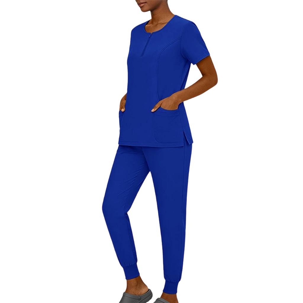 Women's Short Sleeved Color Round Neck Pocket Top Pants Work Clothes Two Piece Set