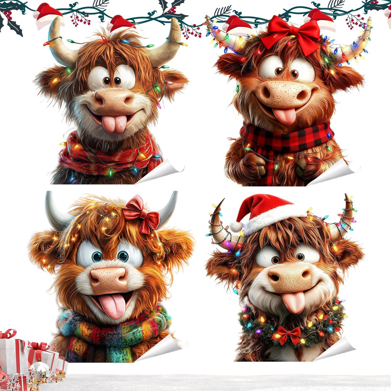 

4pcs Christmas Window Decals Cute Highland Cow Static Transparent Glass Stickers Electrostatic Adhesion Glass Door Holiday Decal China Mainland
