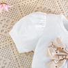 2PCS Baby Girl Puff Sleeve Ribbed Top & Bow Print Pleated Skirt Set, Cute Daily Outfit