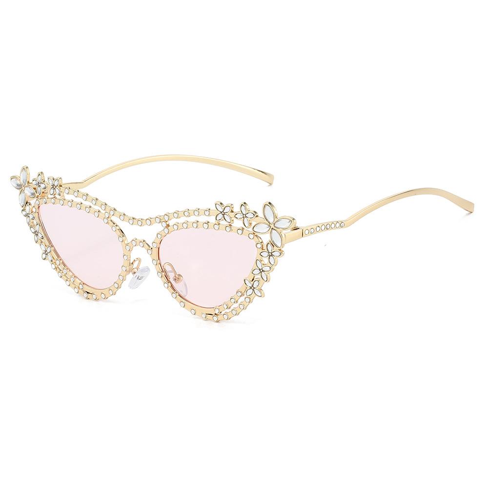 Ins New Luxury Double Beam Cat Eye Women Sunglasses  Personality Flower Diamond Design Trend Men Casual Uv400