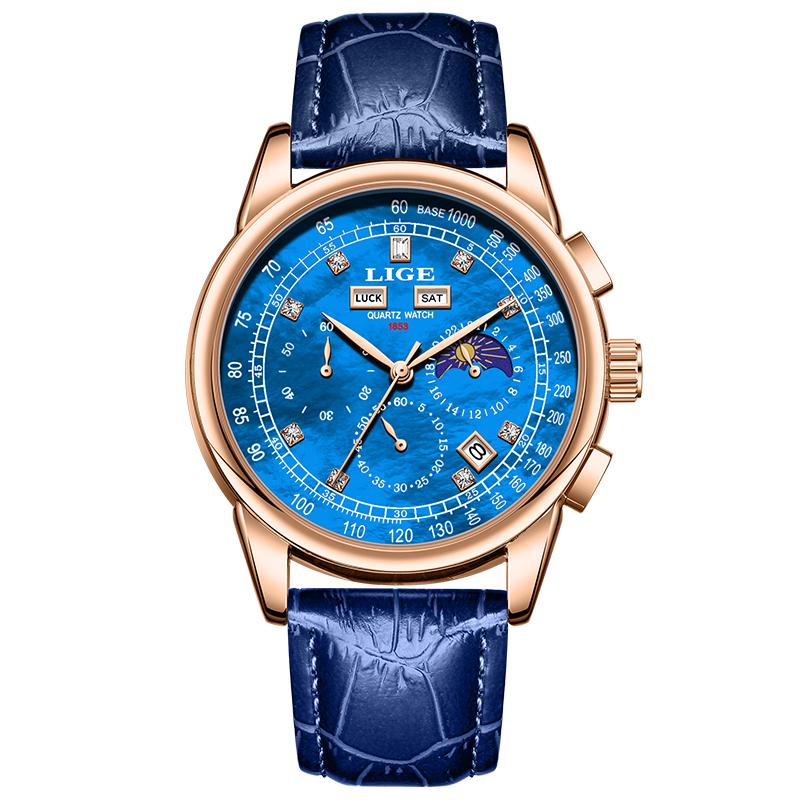 LIGE Fashion Man Watch Top Brand Luxury Leather Casual Quartz Men's Watches Sport Waterproof Clock Watch Date Week Moon Phase
