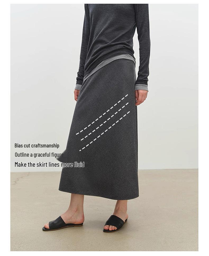 Wen Jiu A-Line Long Skirt: Slanted Cut Wool, Solid Color, Winter Elastic Waist, Slimming Half Skirt