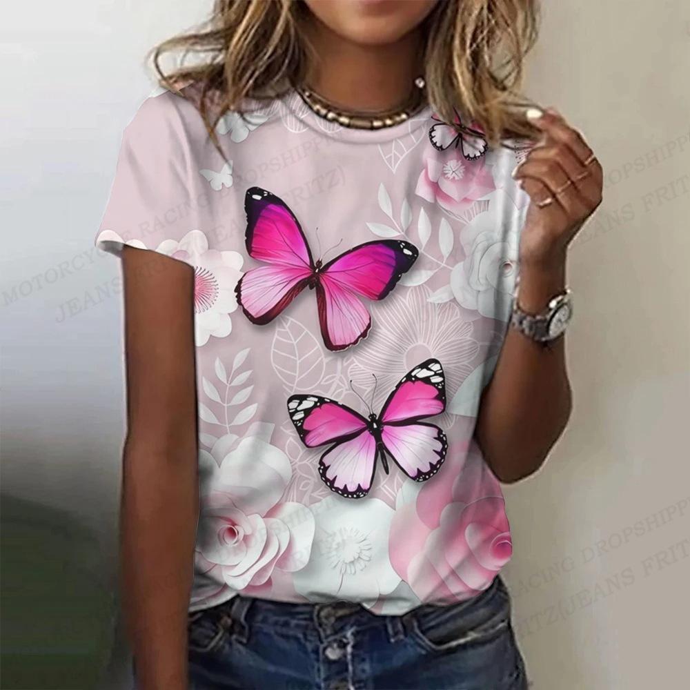 Summer Round Neck 3D Butterfly Flower Pattern Printed Top Fashionable Casual Short Sleeved Women's T-shirts