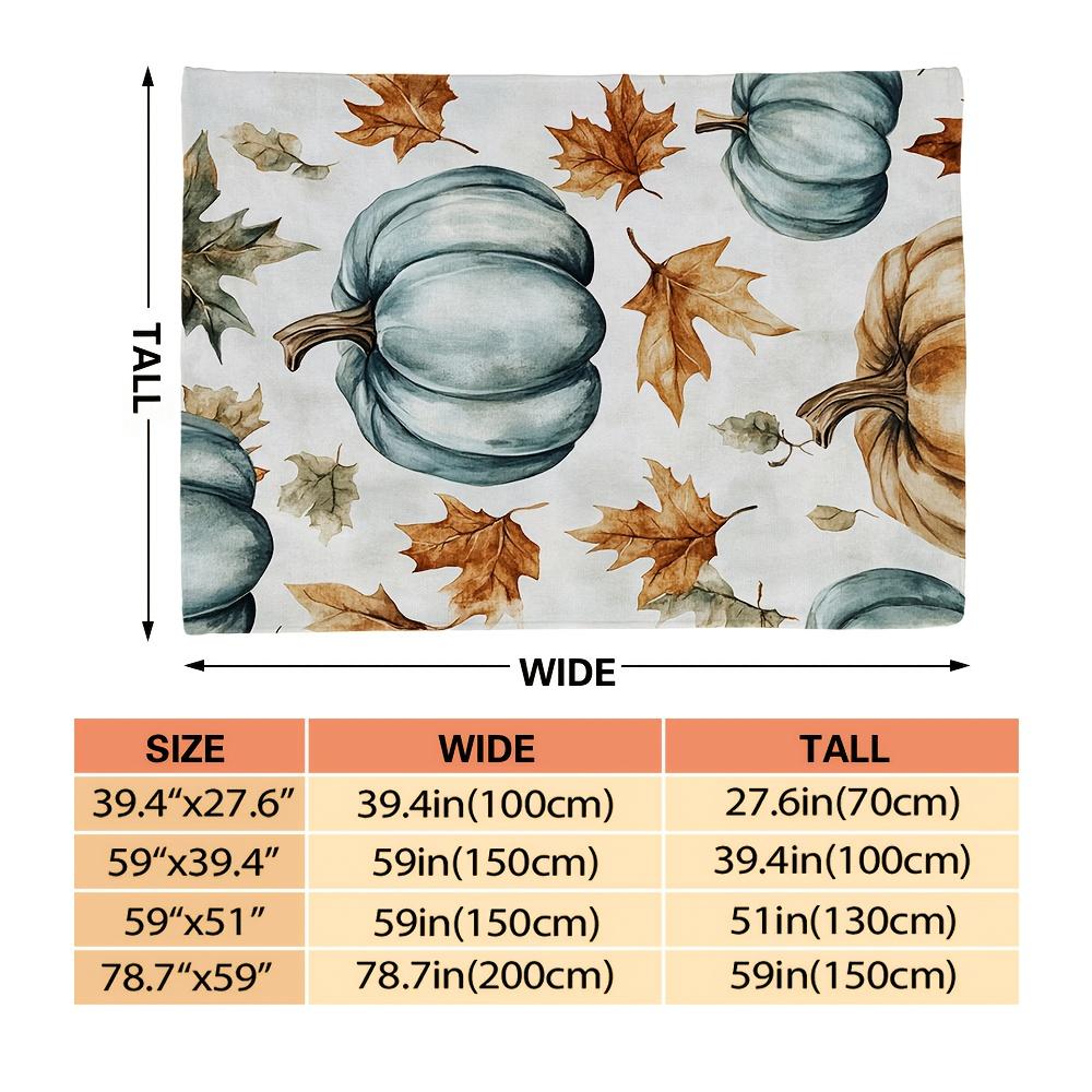 1pc Ultra-Soft Flannel Blanket Shawl - Pumpkin & Fall Leaves Print in Blue, Orange, Brown, Beige & White | All-Season Cozy Throw