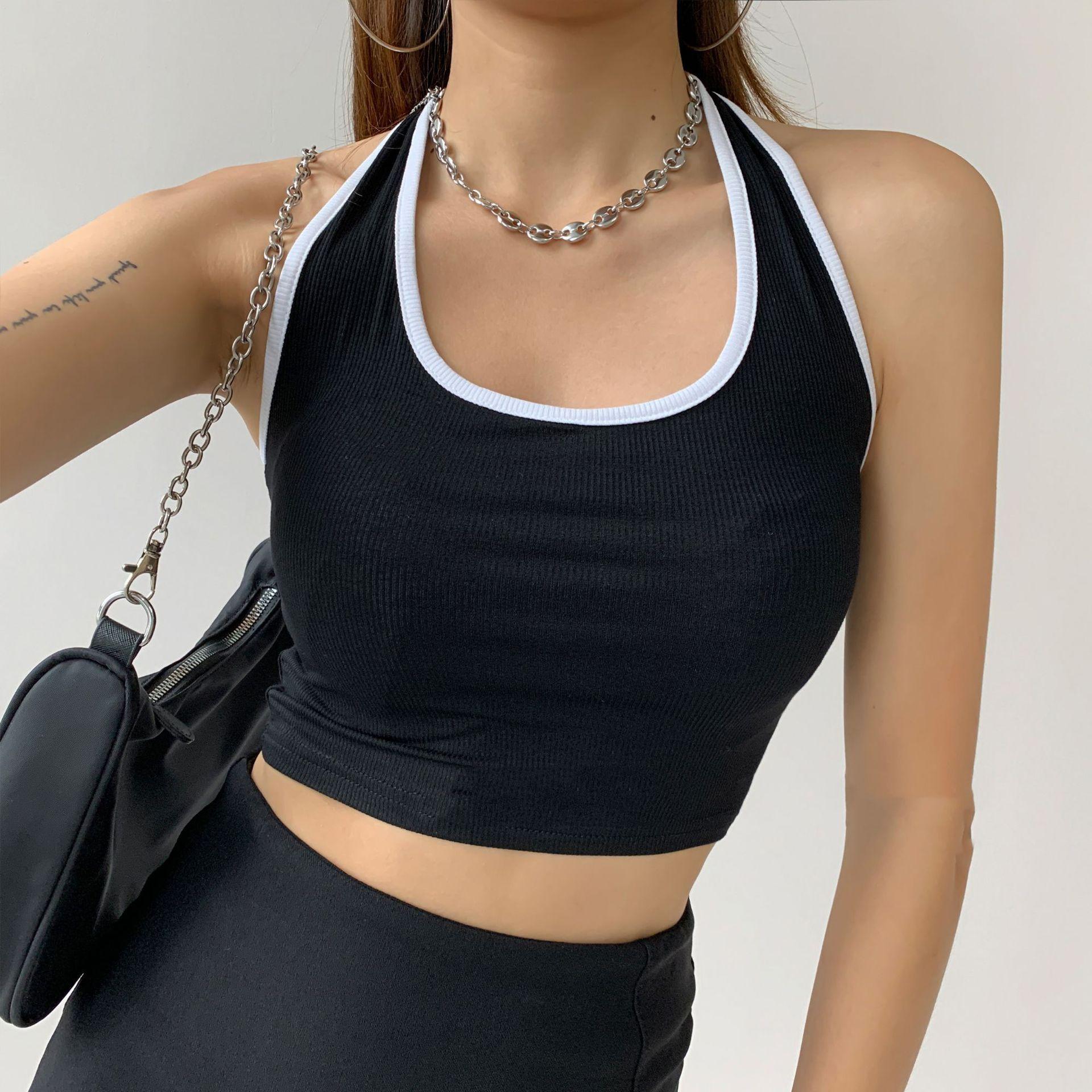 

Women s Halter Neck Crop Top, Ribbed Color Block Sleeveless Tank Top One size чёрный