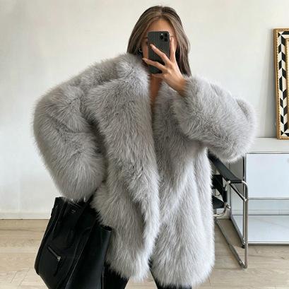 European and American winter fur coat women's medium and long loose suit collar imitation fox hair artificial fur coat