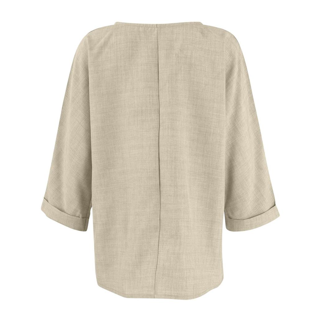 Women's Fashion Casual Solid Color V-Neck Live Button Seven Sleeve T-Shirt Top