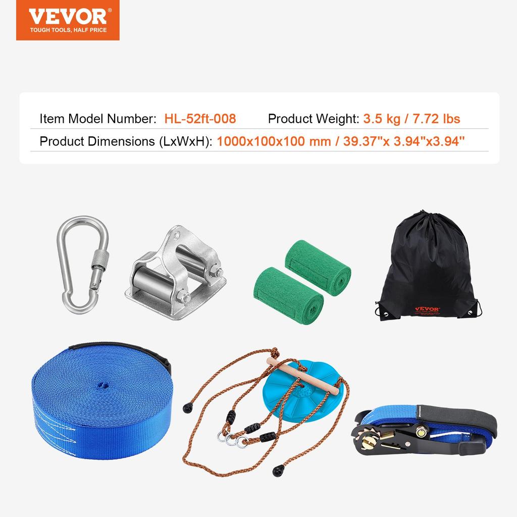 VEVOR Zipline Kit for Kids and Adult, 52 ft Zip Line Kits Up to 500 lb, Backyard Outdoor Quick Setup Zipline, Playground Entertainment with Zipline