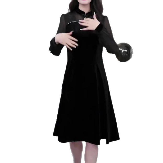 Spring European-Style Off-Shoulder Lace Velvet Dress for Plus Size Middle-Aged Women