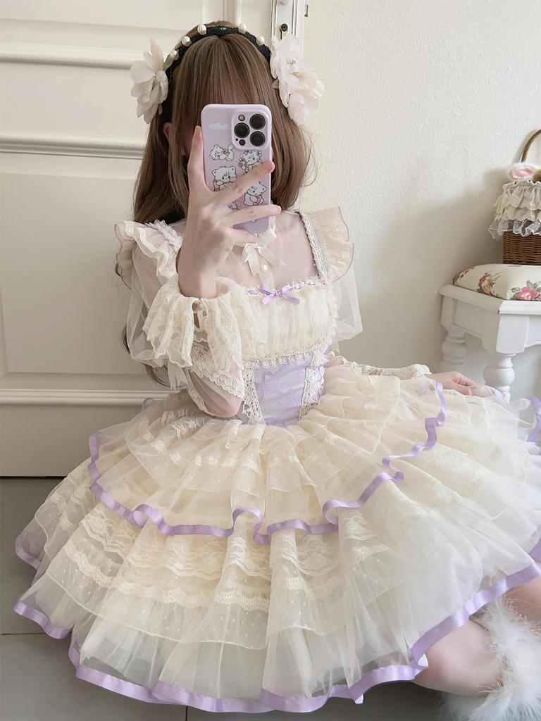 Lolita JSK Jumper Skirt Ribbon One Piece Dreamy Cute Gothic Lolita Dress Bride Style Clothing Ruffles Palace Style Mori Girl Princess Lolita Idol