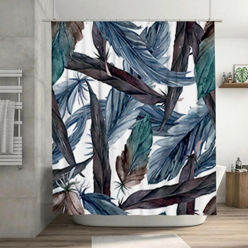 Watercolor Blue Feather Shower Curtain Soft Fabric, Anti-Mildew Machine Washable Decorative Bath Rug Mat Decoration for Bathroom