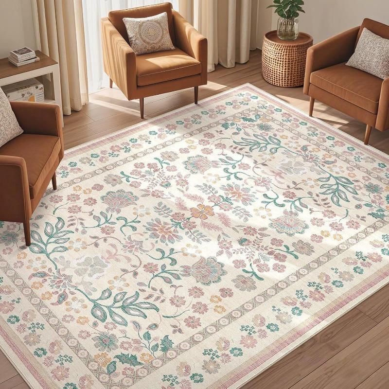Boh Rural Style Plants and Flowers Print Large Area Rug Design Non-Slip Carpet for Living Room Bedroom Soft Floor Mat Home Decor