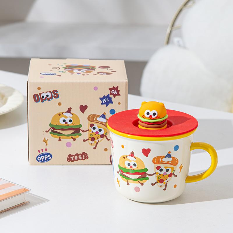Niedlicher Hamburger Becher mit Deckel Keramiktasse für Mädchen mit hohem Aussehen Frühstückstasse Paarbecher Souvenir Geburtstagsgeschenk Approx. 300ml