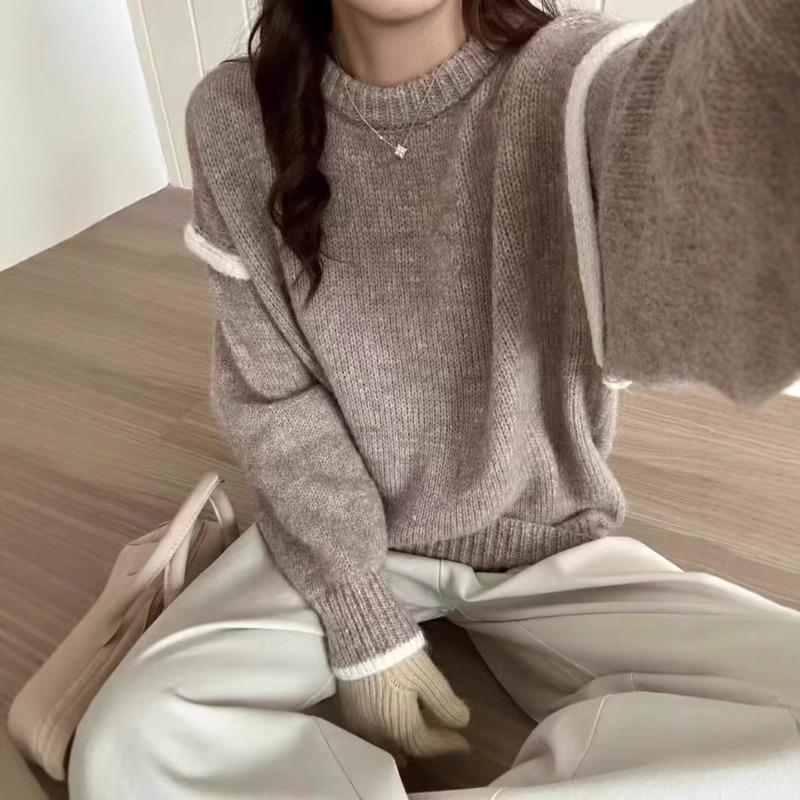 Autumn and winter new loose lazy style round neck knitted pullover sweater women wear knitted sweater top women