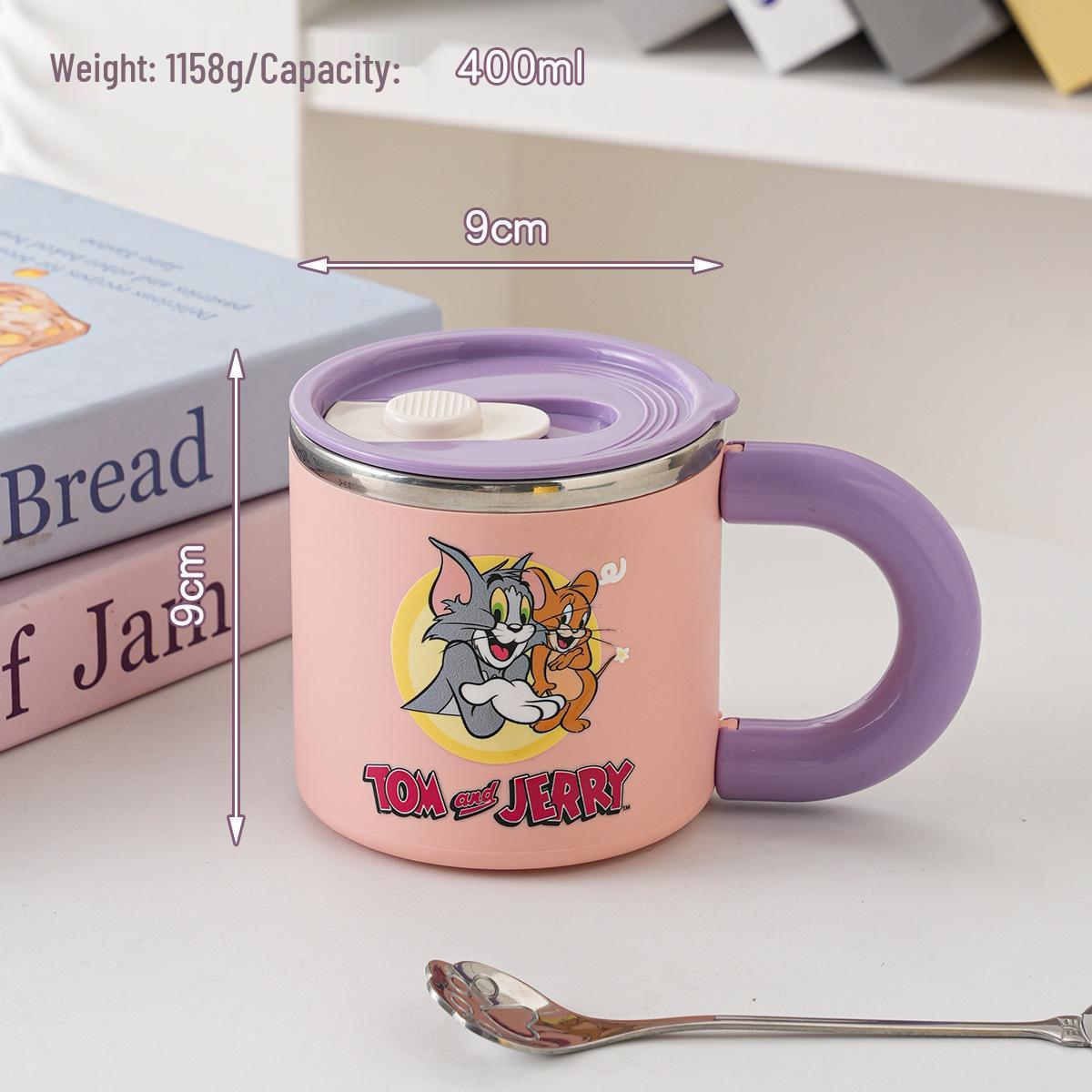 304 Stainless Steel Cat & Mouse Mug with Lid - Cute Cartoon Design, Handle, Perfect for Couples, Home or Office 301-400ml