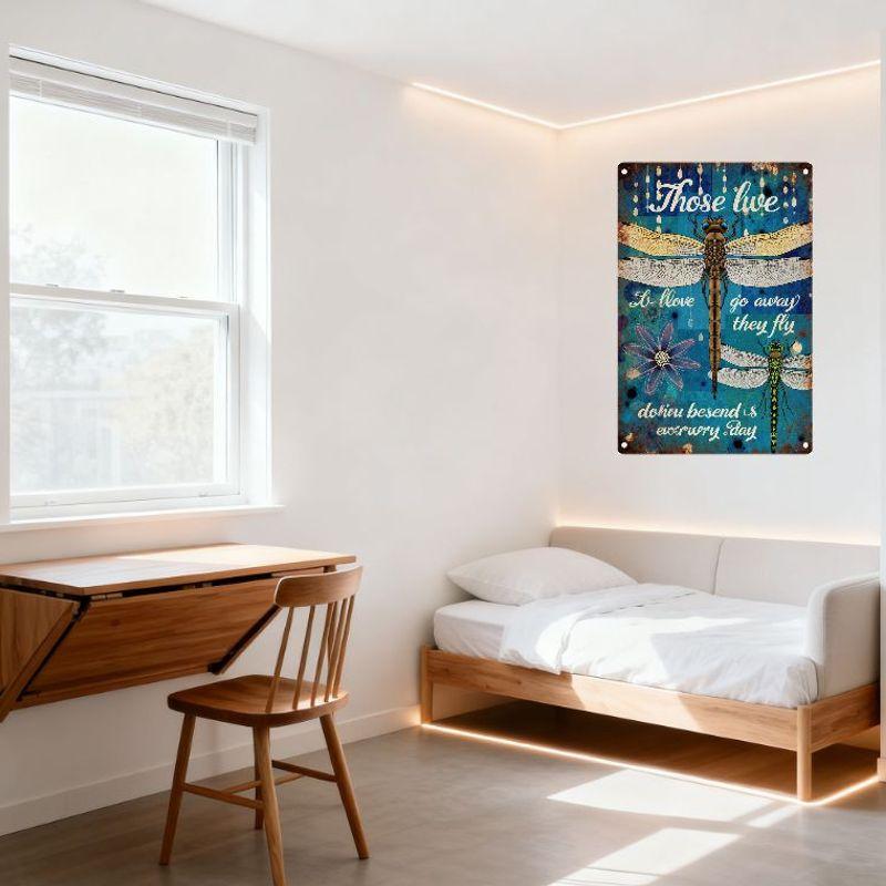 Vintage Blue Metal Tin Sign with Dragonflies & Flowers, Rustic Distressed Wall Decor for Home Garden Bar Decorations