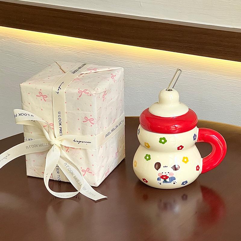 Creative straw cup cute couple ceramic mug birthday gift girl gift box