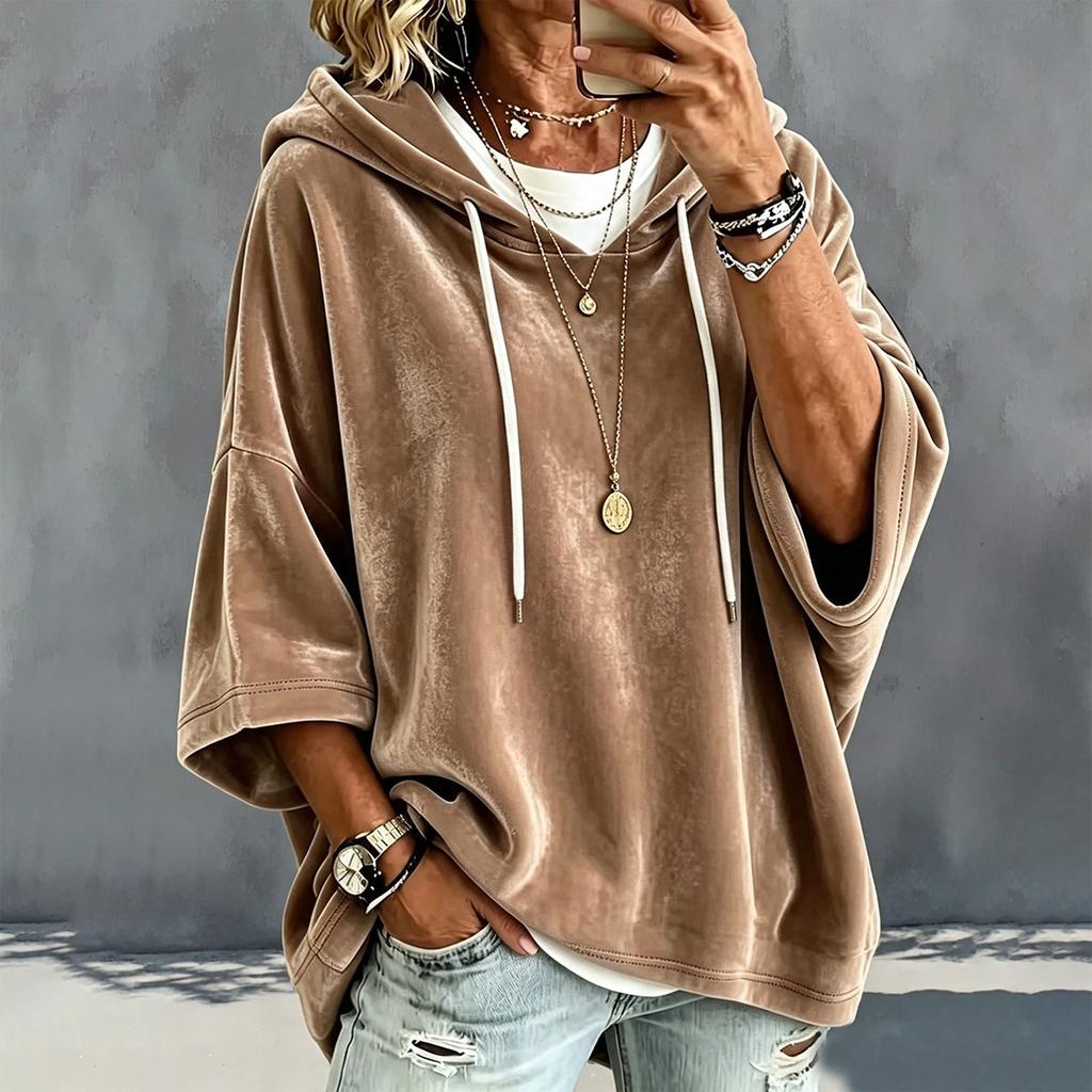 Women's Casual Velvet Hooded Pullover Top with and 3/4 Sleeves