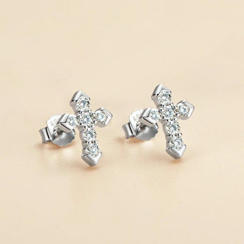 Cross Earrings D0.27CT Moissanite Stud Earrings for Women Men 925 Sterling Silver Piercing Ear Push Back Jewelry