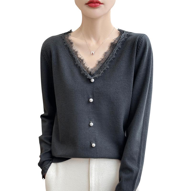 2024 Autumn Women's V-neck Lace Trim Knitted Sweater