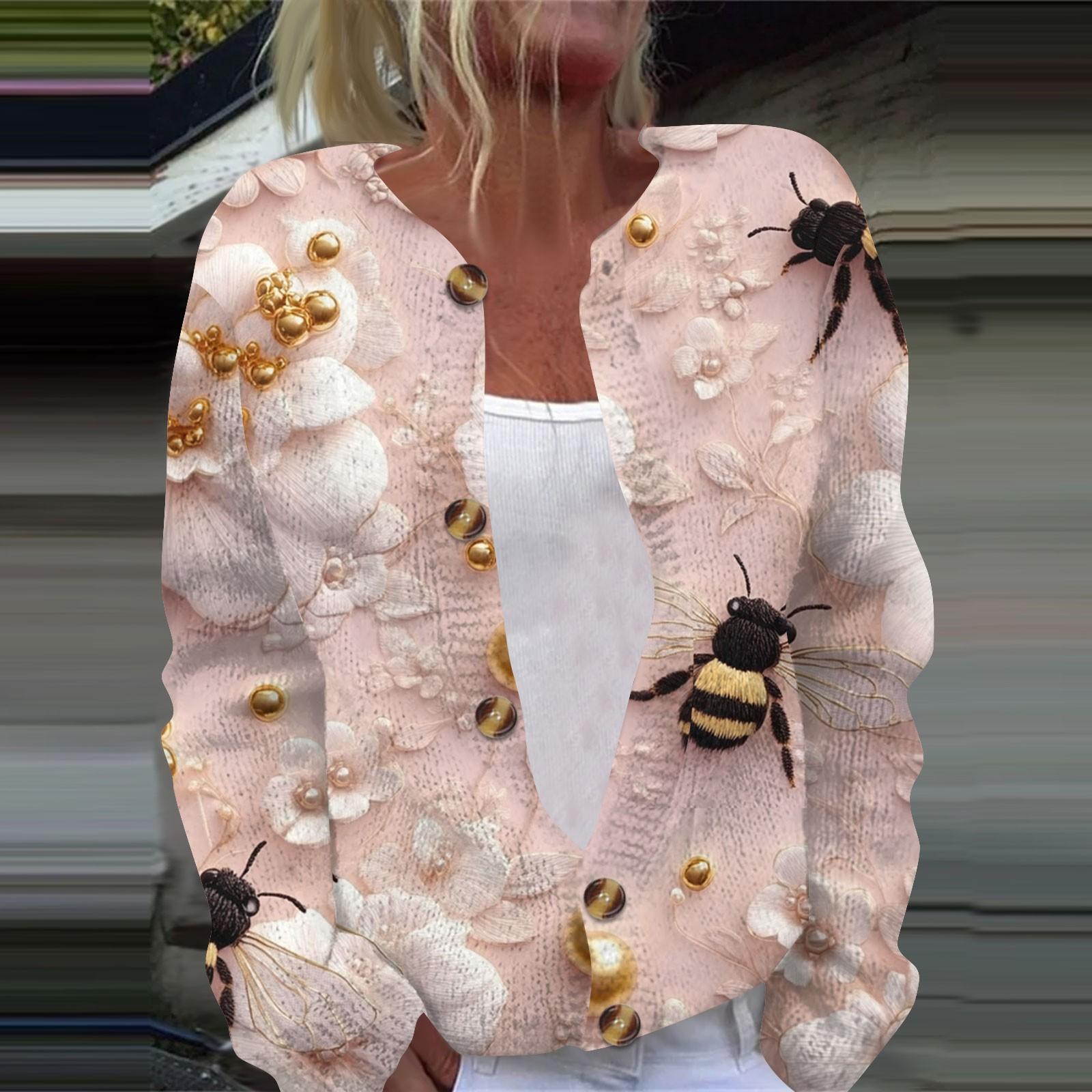 

Женская повседневная мода ретро цветочный принт длинный рукав кардиган куртка на пуговицах XXXXL розовый