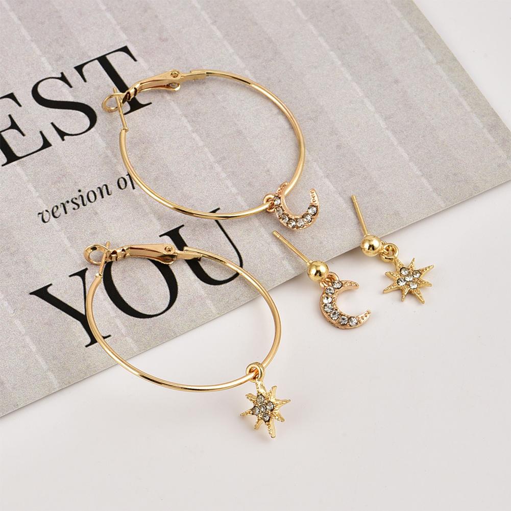 4Pcs/Set Bohemian Style Large Circle Earrings Ear Clip Crystal Moon Star Ear Stud Jewelry