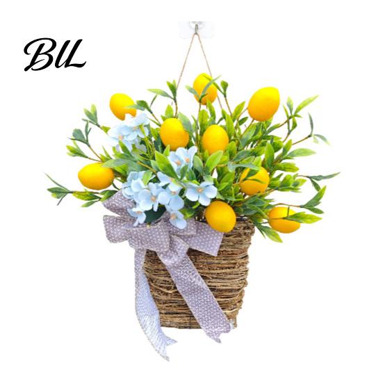 Spring Door Decoration Yellow Lemon Hanger Basket Wreath for Front Artificial Fruits Fresh Summer with Woven Farmhouse Porch Wall Decor Bright 1pc