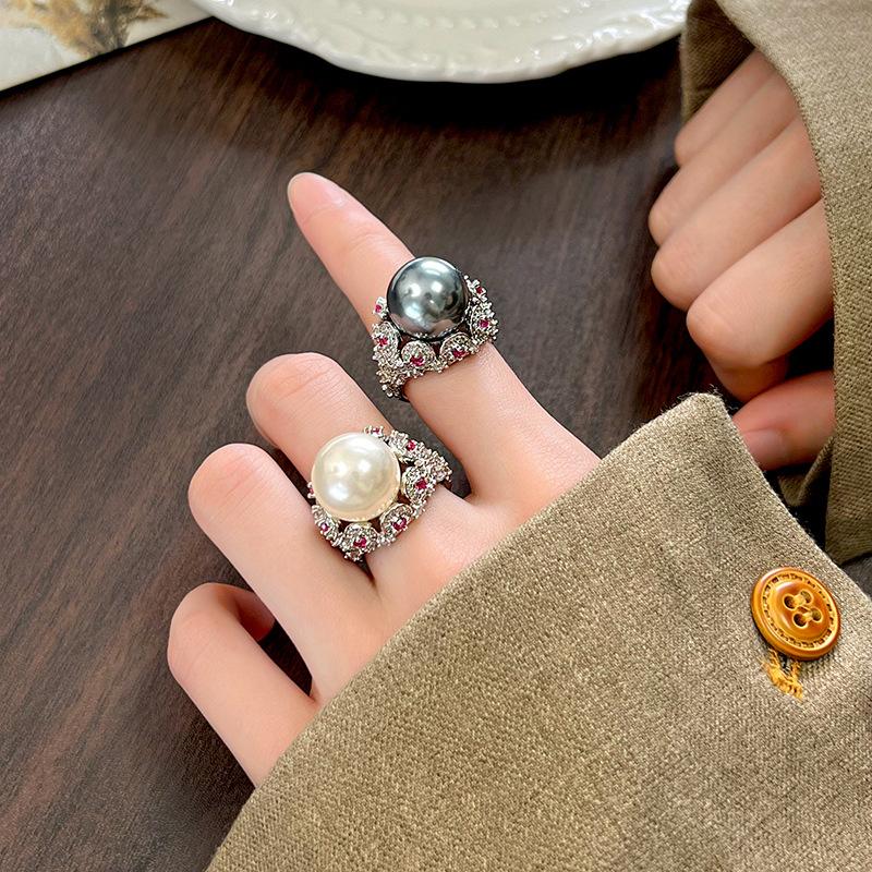 Jewelry Setting Imitation Gray Pearl Retro Diamond Setting Ring 14Mm