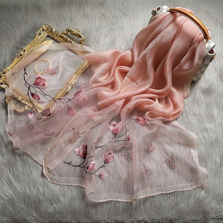 Used Liebendo Large Stole for Women, Silk, Embroidery, Floral Pattern, Flowers, Shawl, Spring/Summer, UV Protection, Gift (Pink)