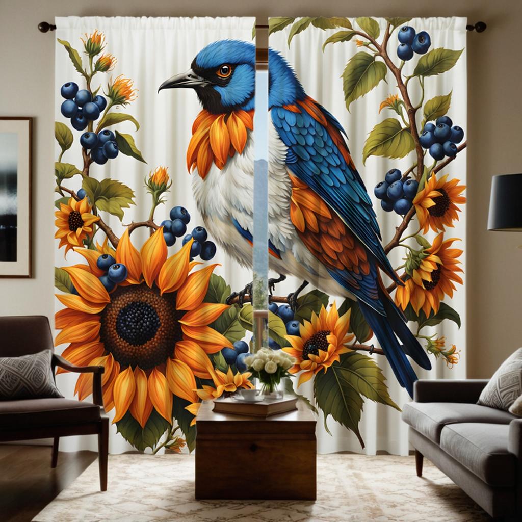 2pcs Set HD Harvest Festival Blueberry Tree Sunflower Bird Decorative Curtain Yellow Tie Digital Printed Curtain Home Decorat