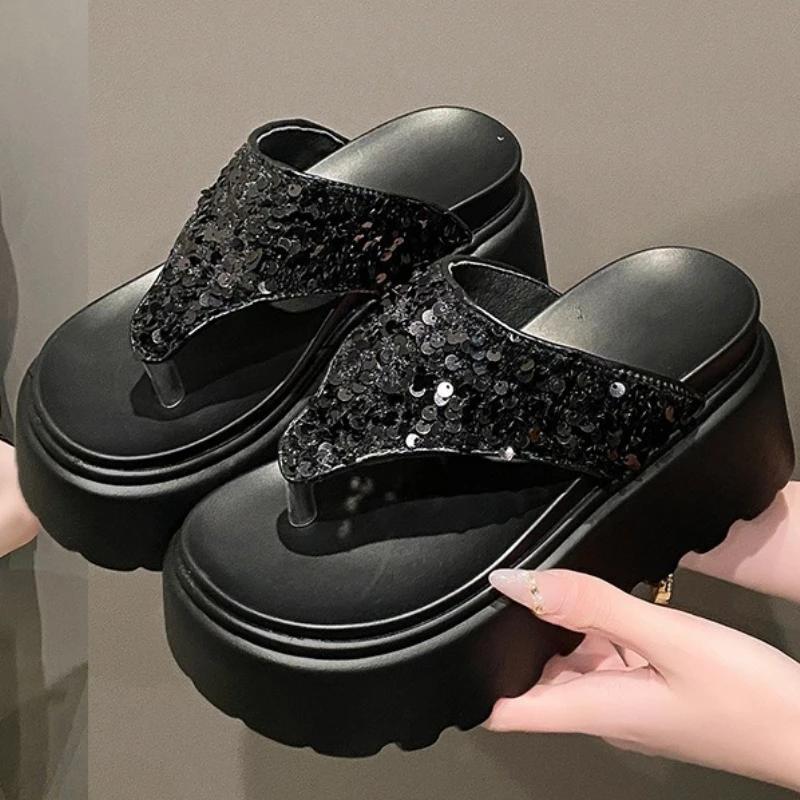 Fashion New 8 Cm Waterproof Platform Bling Designer Brand Flip-flops Women Summer Sexy Clip Toe Platform Sandals Comfortable Beach Shoes