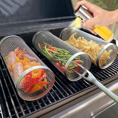 Rolling Grilling Basket Stainless Steel BBQ Basket Greatest Grilling Basket Ever Outdoor Camping BBQ Basket French Fries Fish