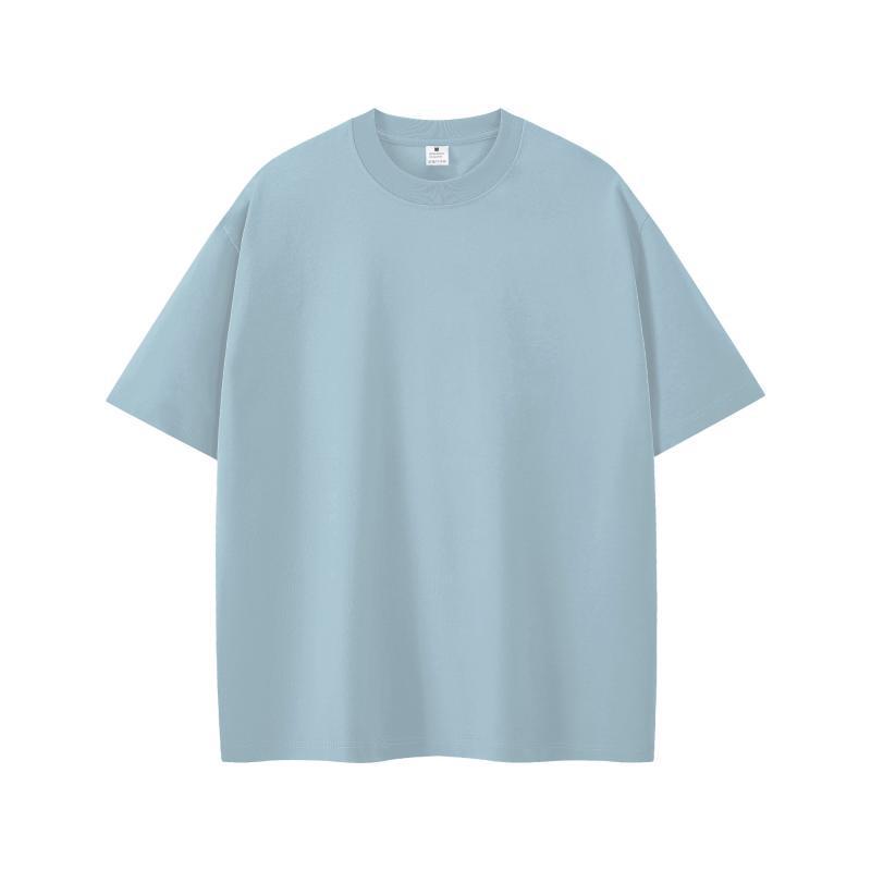 Men's Oversized Round Neck Logo T-Shirt - Solid Color, Drop Shoulder, Pure Cotton, European Size 200g