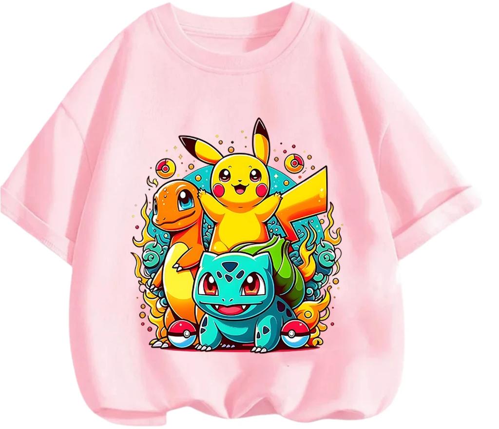 Hot Selling 2026 Kids T Shirt Pikachu Lovely Pattern Soft Comfy Casual School Wear Boys Girls Summer Street Apparel